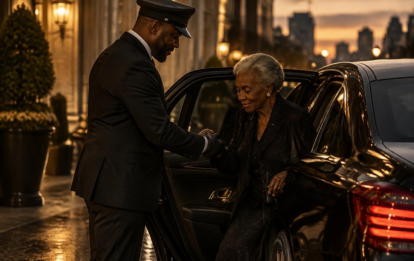 A Navigator driver helping an older woman out of a car at dusk